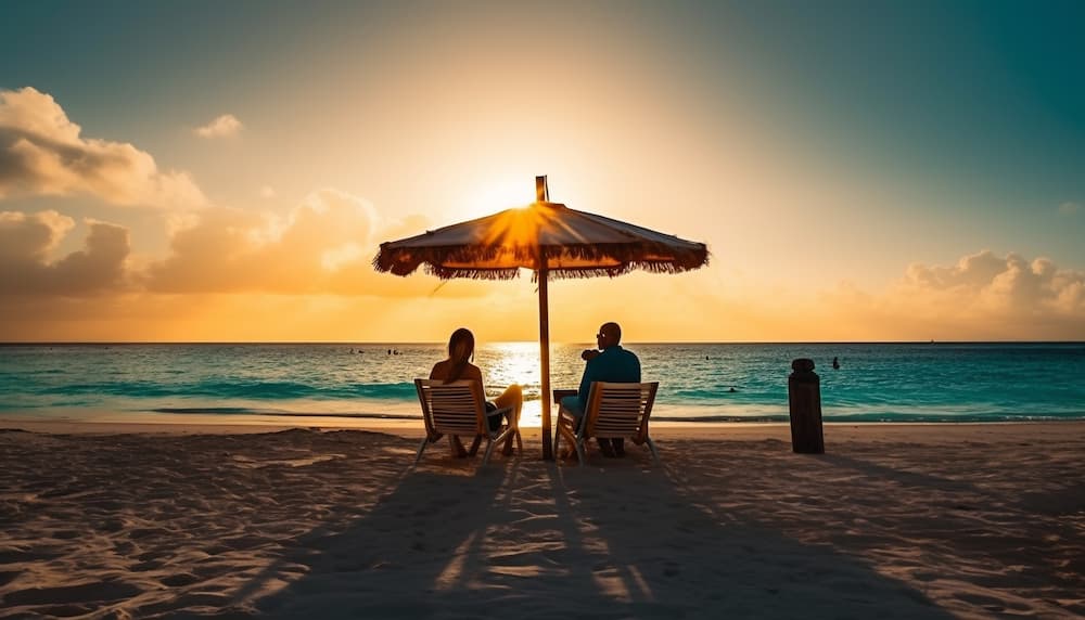 Silhouette of a couple sitting under a beach umbrella watching the sunset over the ocean